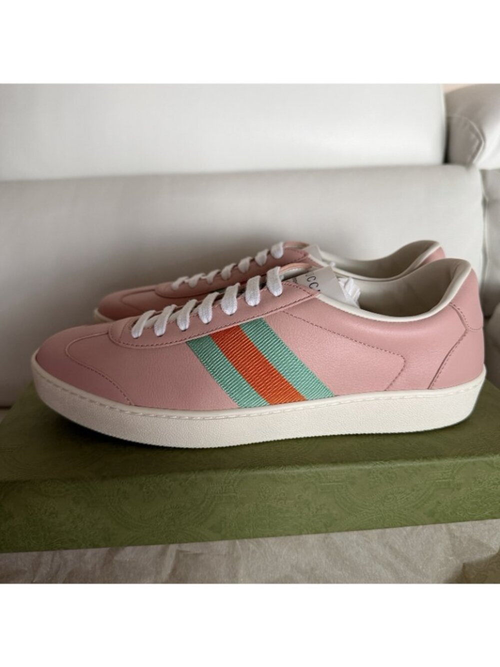 NEW Gucci Women's Sneakers Pink G74 Leather Web White size 38 8 US - Picture 5 of 10